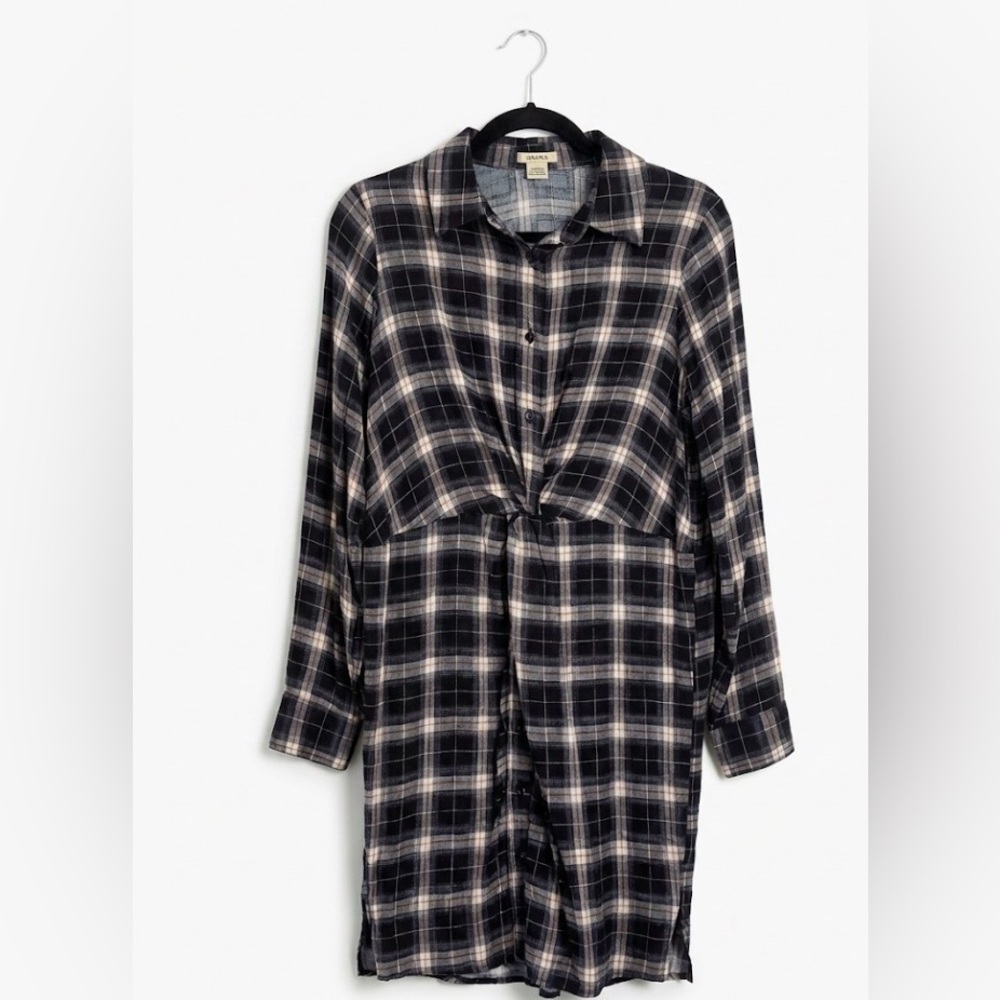 Anama Women's Black & White Tartan Rayon Shirt Dress Knot Front Size M